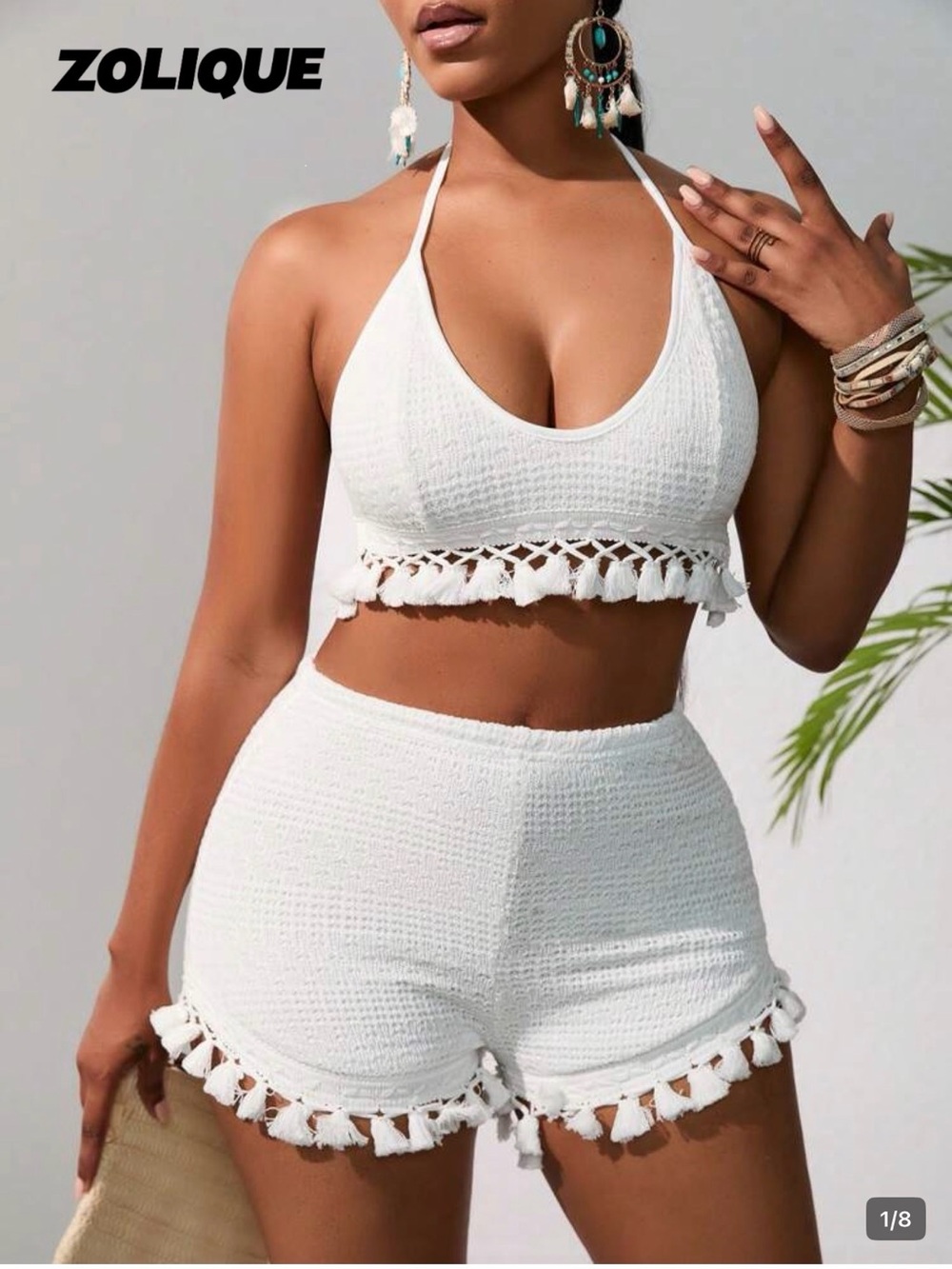 All white two piece  Tassel Trim Tie Backless Halter Top & Shorts large